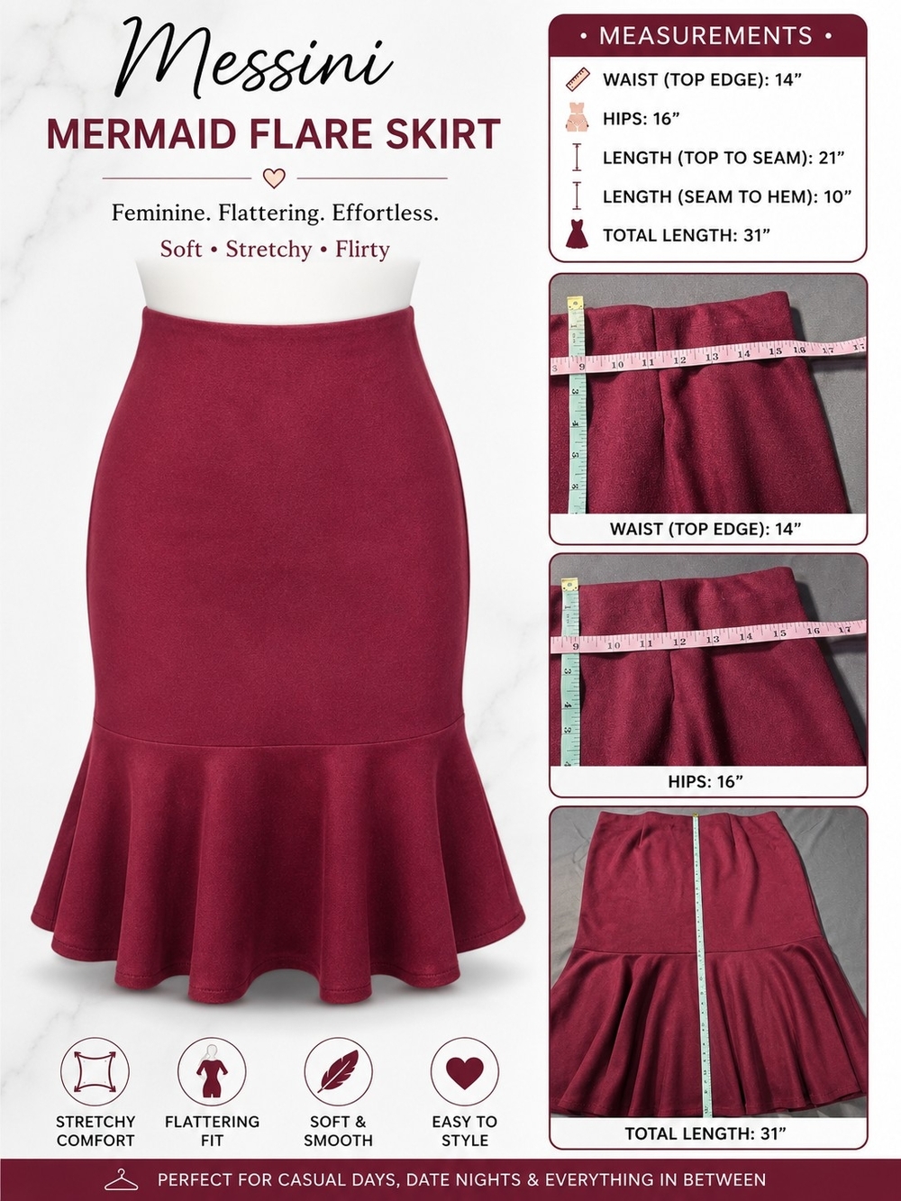 Messini Women's Burgundy Mermaid Flare Skirt – Size Med– Soft Stretch Faux Suade